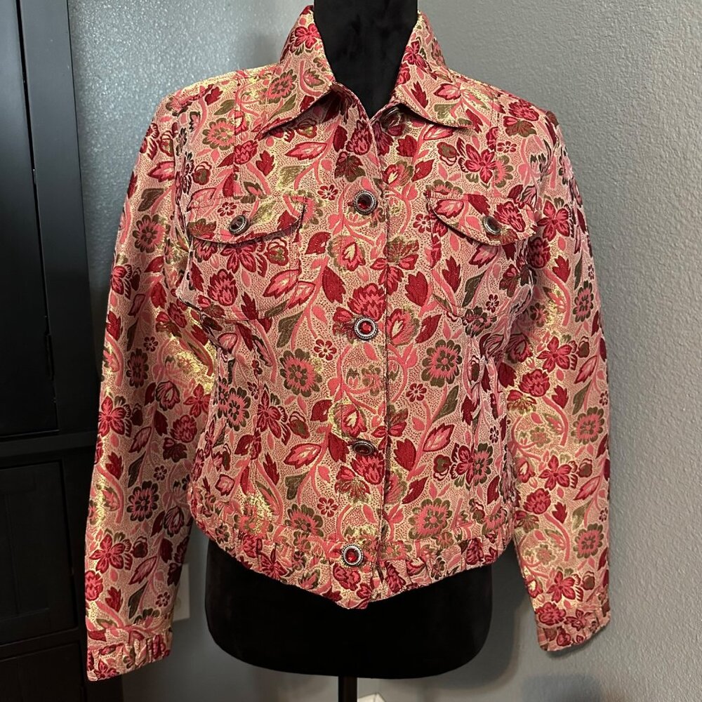 VTG Carrie Allen Jacket Women's S Pink Red Floral Metallic Brocade Jacquard Chic